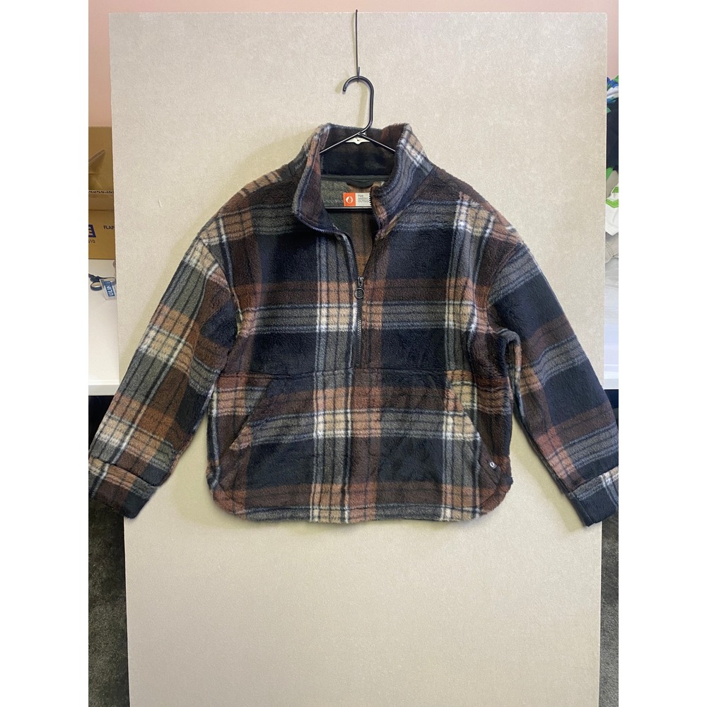 American Outdoorsman Women Plaid Sherpa Fleece Quarter Zip Pullover Brown L